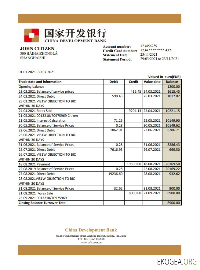 Modèle de relevé de la Banque chinoise de développement au format de fichier .xls et .pdf